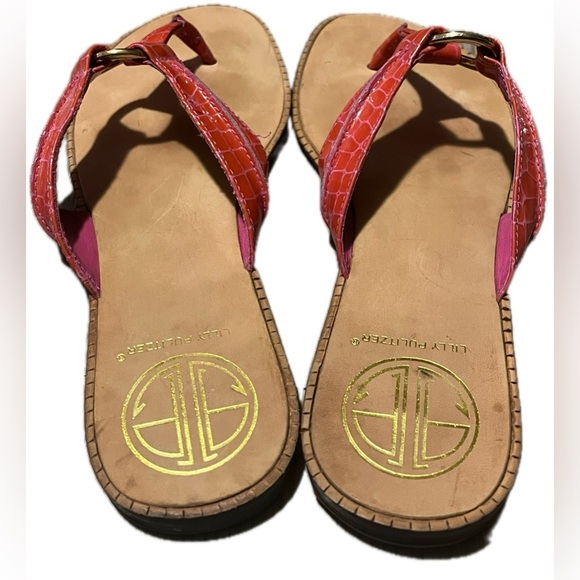 Lilly Pulitzer Orange/Pink Patent Croc Embossed Leather Flip-Flops, 6.5M - Picture 4 of 13